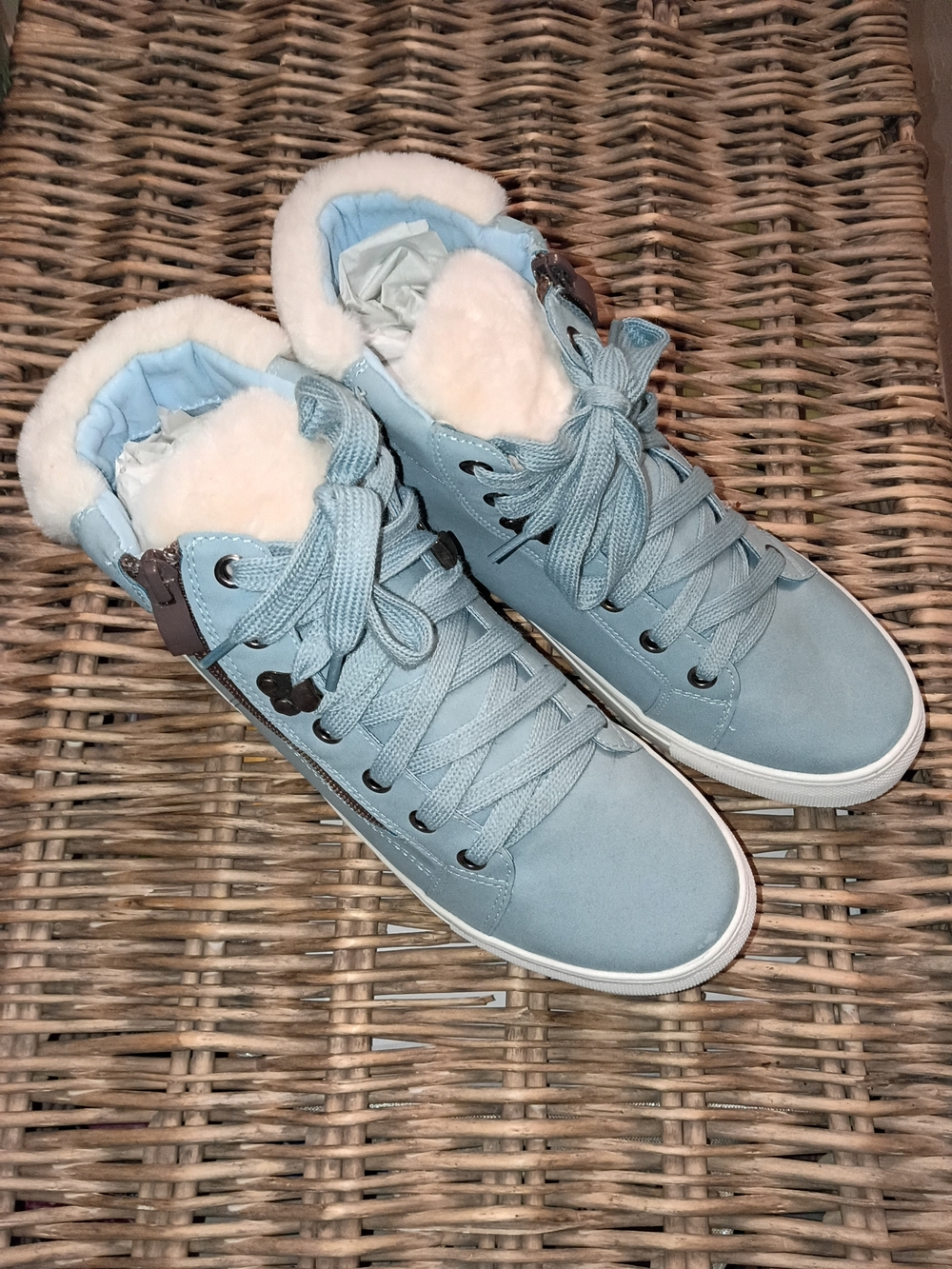 Women’s Light Blue Faux-Fur High-Top Sneakers